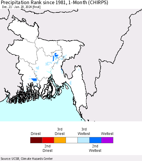 Bangladesh Precipitation Rank since 1981, 1-Month (CHIRPS) Thematic Map For 12/21/2023 - 1/20/2024