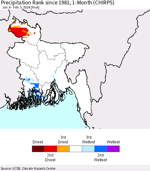 Bangladesh Precipitation Rank since 1981, 1-Month (CHIRPS) Thematic Map For 1/6/2024 - 2/5/2024