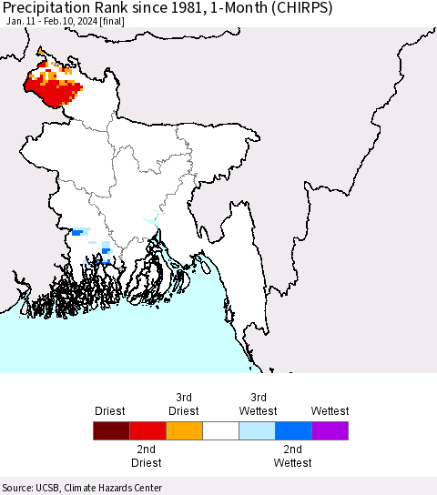 Bangladesh Precipitation Rank since 1981, 1-Month (CHIRPS) Thematic Map For 1/11/2024 - 2/10/2024