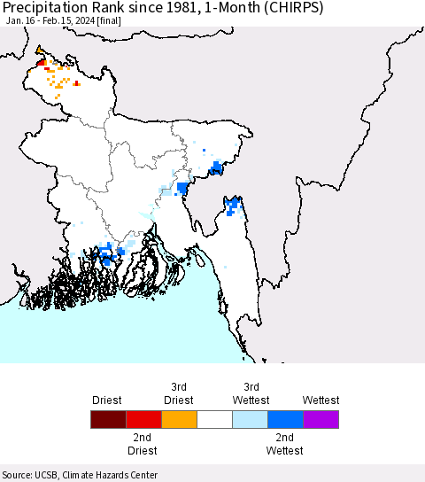 Bangladesh Precipitation Rank since 1981, 1-Month (CHIRPS) Thematic Map For 1/16/2024 - 2/15/2024
