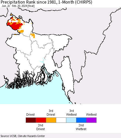 Bangladesh Precipitation Rank since 1981, 1-Month (CHIRPS) Thematic Map For 1/21/2024 - 2/20/2024