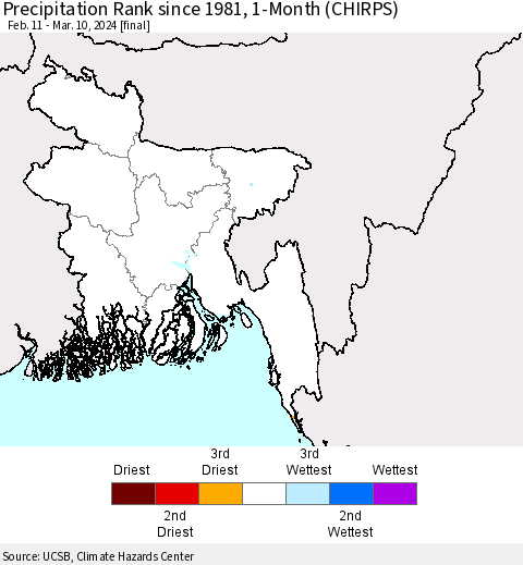 Bangladesh Precipitation Rank since 1981, 1-Month (CHIRPS) Thematic Map For 2/11/2024 - 3/10/2024