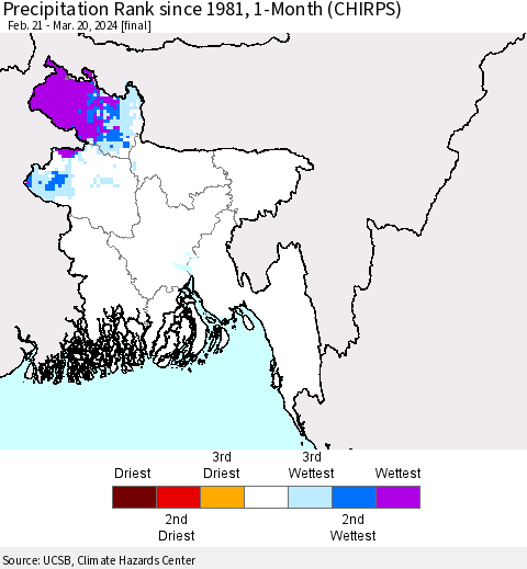Bangladesh Precipitation Rank since 1981, 1-Month (CHIRPS) Thematic Map For 2/21/2024 - 3/20/2024