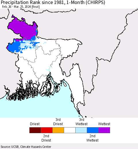 Bangladesh Precipitation Rank since 1981, 1-Month (CHIRPS) Thematic Map For 2/26/2024 - 3/25/2024