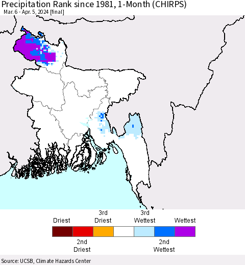 Bangladesh Precipitation Rank since 1981, 1-Month (CHIRPS) Thematic Map For 3/6/2024 - 4/5/2024