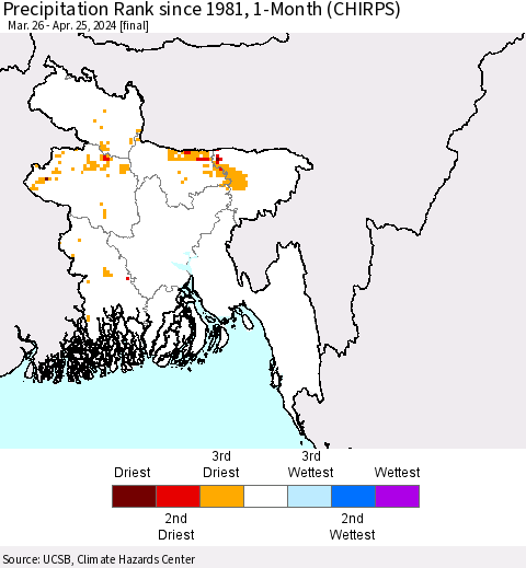 Bangladesh Precipitation Rank since 1981, 1-Month (CHIRPS) Thematic Map For 3/26/2024 - 4/25/2024