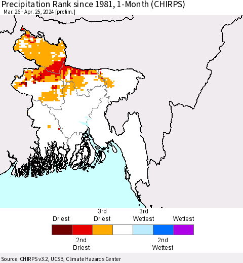 Bangladesh Precipitation Rank since 1981, 1-Month (CHIRPS) Thematic Map For 3/26/2024 - 4/25/2024