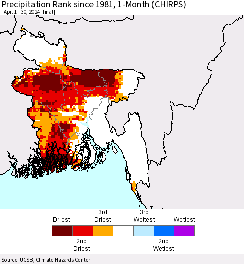 Bangladesh Precipitation Rank since 1981, 1-Month (CHIRPS) Thematic Map For 4/1/2024 - 4/30/2024
