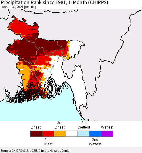 Bangladesh Precipitation Rank since 1981, 1-Month (CHIRPS) Thematic Map For 4/1/2024 - 4/30/2024