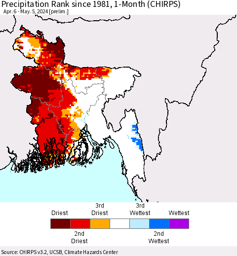 Bangladesh Precipitation Rank since 1981, 1-Month (CHIRPS) Thematic Map For 4/6/2024 - 5/5/2024