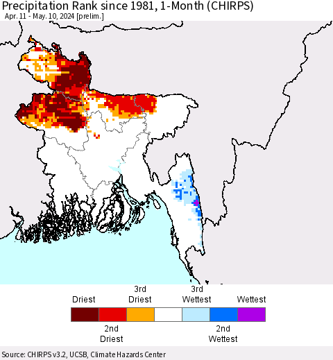 Bangladesh Precipitation Rank since 1981, 1-Month (CHIRPS) Thematic Map For 4/11/2024 - 5/10/2024