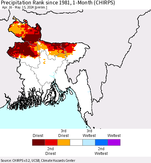 Bangladesh Precipitation Rank since 1981, 1-Month (CHIRPS) Thematic Map For 4/16/2024 - 5/15/2024