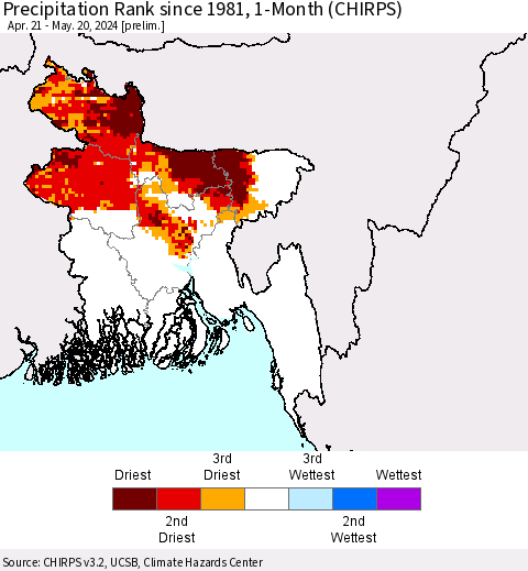 Bangladesh Precipitation Rank since 1981, 1-Month (CHIRPS) Thematic Map For 4/21/2024 - 5/20/2024