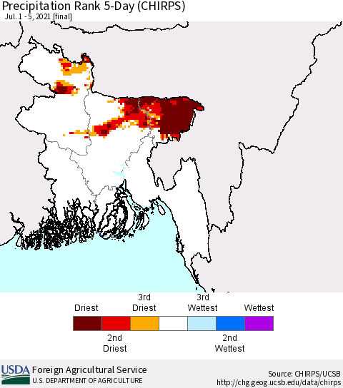 Bangladesh Precipitation Rank since 1981, 5-Day (CHIRPS) Thematic Map For 7/1/2021 - 7/5/2021
