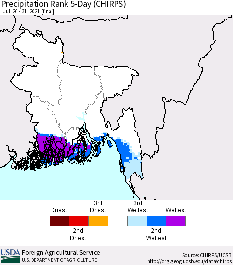 Bangladesh Precipitation Rank since 1981, 5-Day (CHIRPS) Thematic Map For 7/26/2021 - 7/31/2021