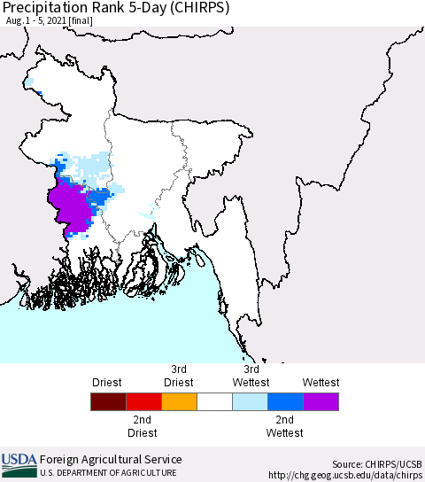 Bangladesh Precipitation Rank since 1981, 5-Day (CHIRPS) Thematic Map For 8/1/2021 - 8/5/2021