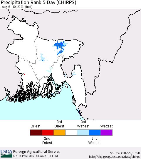 Bangladesh Precipitation Rank since 1981, 5-Day (CHIRPS) Thematic Map For 8/6/2021 - 8/10/2021