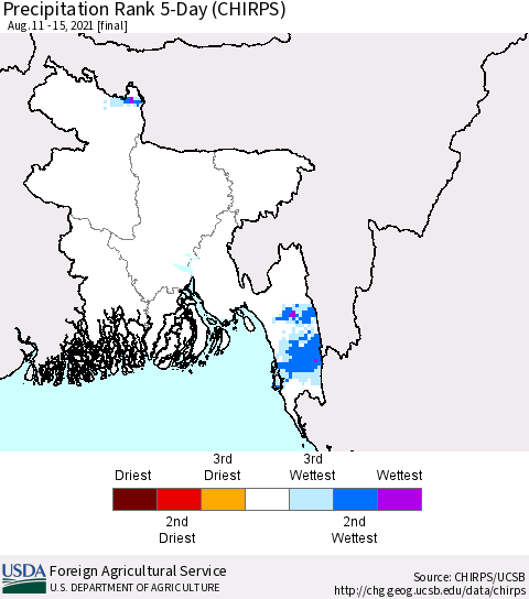 Bangladesh Precipitation Rank since 1981, 5-Day (CHIRPS) Thematic Map For 8/11/2021 - 8/15/2021