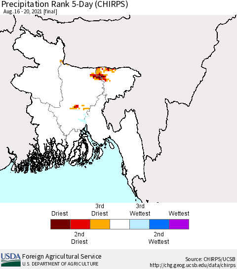 Bangladesh Precipitation Rank since 1981, 5-Day (CHIRPS) Thematic Map For 8/16/2021 - 8/20/2021