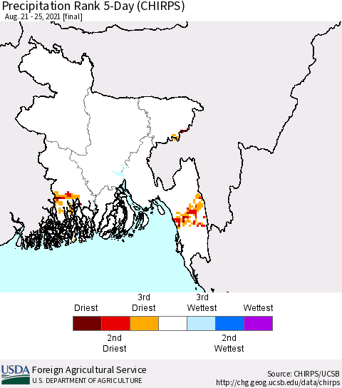 Bangladesh Precipitation Rank since 1981, 5-Day (CHIRPS) Thematic Map For 8/21/2021 - 8/25/2021
