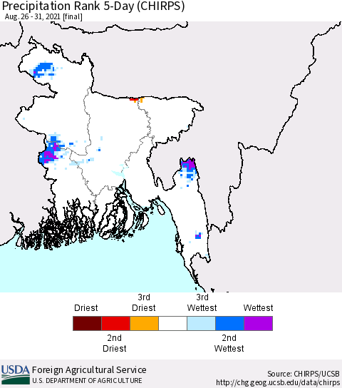 Bangladesh Precipitation Rank since 1981, 5-Day (CHIRPS) Thematic Map For 8/26/2021 - 8/31/2021