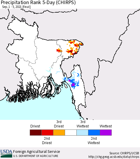 Bangladesh Precipitation Rank since 1981, 5-Day (CHIRPS) Thematic Map For 9/1/2021 - 9/5/2021