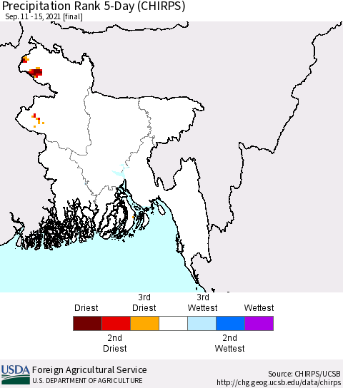 Bangladesh Precipitation Rank since 1981, 5-Day (CHIRPS) Thematic Map For 9/11/2021 - 9/15/2021