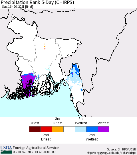 Bangladesh Precipitation Rank since 1981, 5-Day (CHIRPS) Thematic Map For 9/16/2021 - 9/20/2021