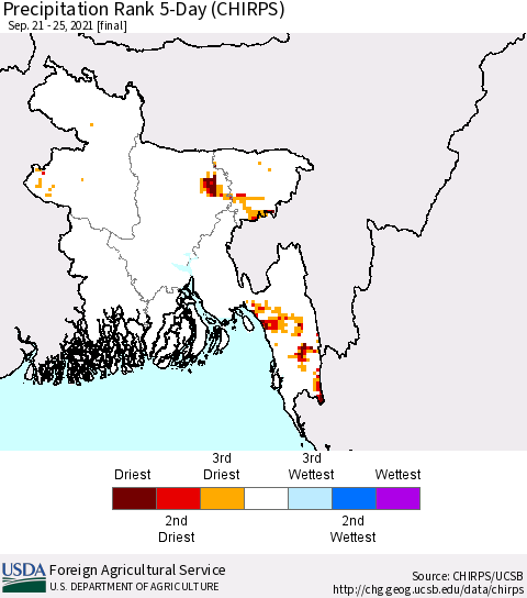 Bangladesh Precipitation Rank since 1981, 5-Day (CHIRPS) Thematic Map For 9/21/2021 - 9/25/2021