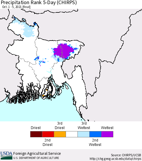 Bangladesh Precipitation Rank since 1981, 5-Day (CHIRPS) Thematic Map For 10/1/2021 - 10/5/2021