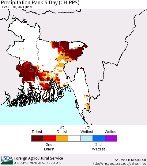 Bangladesh Precipitation Rank since 1981, 5-Day (CHIRPS) Thematic Map For 10/6/2021 - 10/10/2021