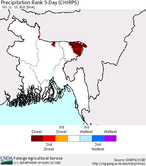 Bangladesh Precipitation Rank since 1981, 5-Day (CHIRPS) Thematic Map For 10/11/2021 - 10/15/2021