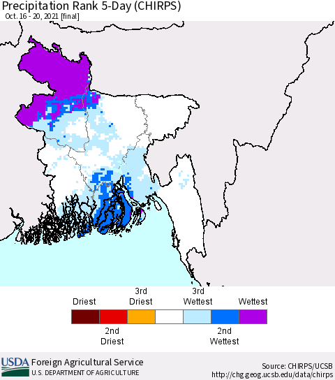 Bangladesh Precipitation Rank since 1981, 5-Day (CHIRPS) Thematic Map For 10/16/2021 - 10/20/2021