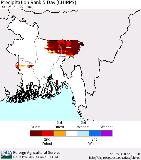 Bangladesh Precipitation Rank since 1981, 5-Day (CHIRPS) Thematic Map For 10/26/2021 - 10/31/2021