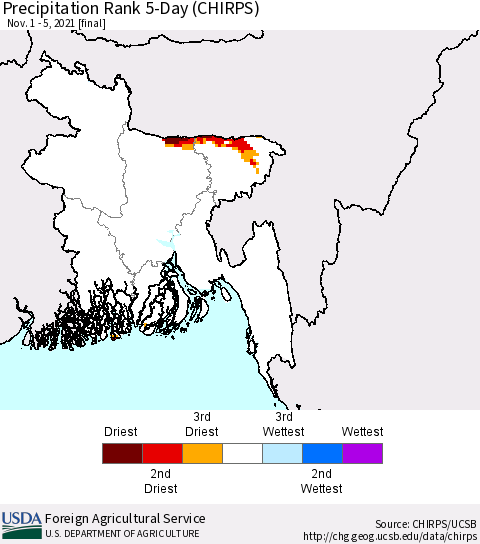 Bangladesh Precipitation Rank since 1981, 5-Day (CHIRPS) Thematic Map For 11/1/2021 - 11/5/2021