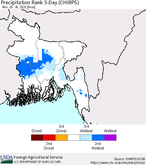 Bangladesh Precipitation Rank since 1981, 5-Day (CHIRPS) Thematic Map For 11/26/2021 - 11/30/2021