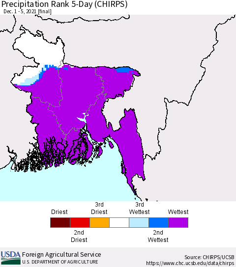 Bangladesh Precipitation Rank since 1981, 5-Day (CHIRPS) Thematic Map For 12/1/2021 - 12/5/2021