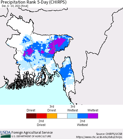 Bangladesh Precipitation Rank since 1981, 5-Day (CHIRPS) Thematic Map For 12/6/2021 - 12/10/2021