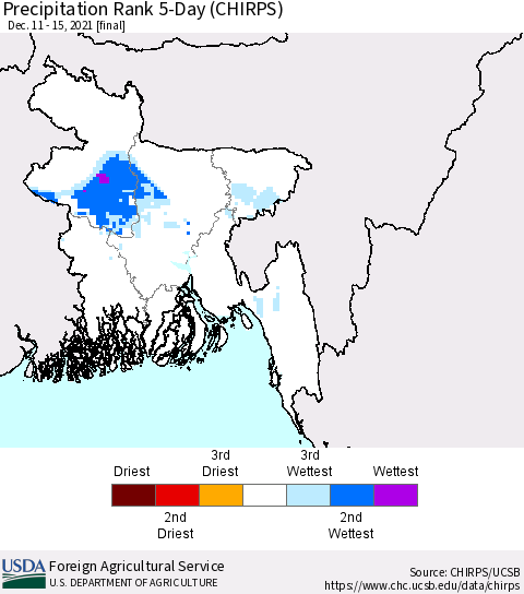Bangladesh Precipitation Rank since 1981, 5-Day (CHIRPS) Thematic Map For 12/11/2021 - 12/15/2021