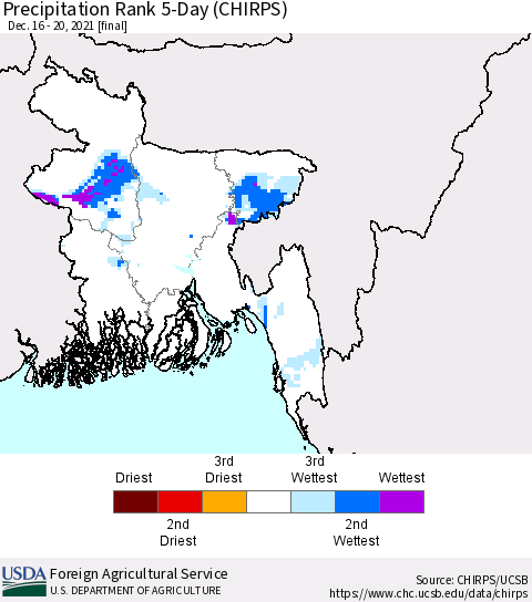 Bangladesh Precipitation Rank since 1981, 5-Day (CHIRPS) Thematic Map For 12/16/2021 - 12/20/2021