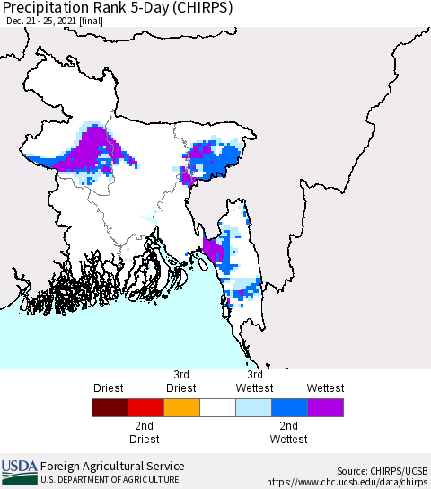 Bangladesh Precipitation Rank since 1981, 5-Day (CHIRPS) Thematic Map For 12/21/2021 - 12/25/2021