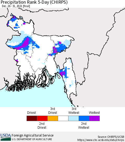 Bangladesh Precipitation Rank since 1981, 5-Day (CHIRPS) Thematic Map For 12/26/2021 - 12/31/2021