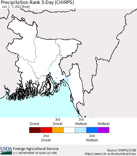 Bangladesh Precipitation Rank since 1981, 5-Day (CHIRPS) Thematic Map For 1/1/2022 - 1/5/2022