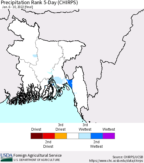 Bangladesh Precipitation Rank since 1981, 5-Day (CHIRPS) Thematic Map For 1/6/2022 - 1/10/2022