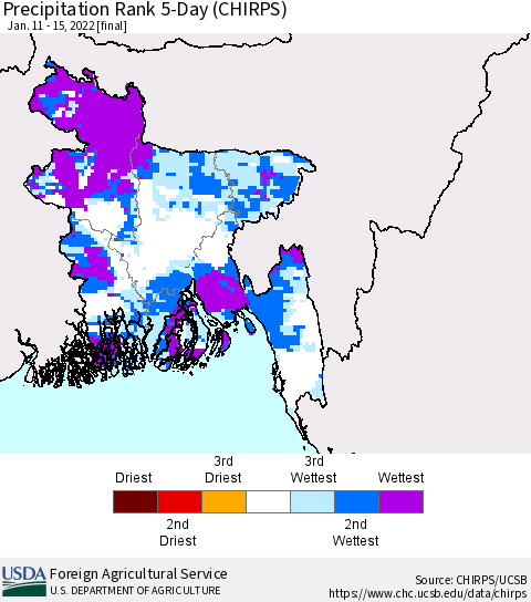 Bangladesh Precipitation Rank since 1981, 5-Day (CHIRPS) Thematic Map For 1/11/2022 - 1/15/2022