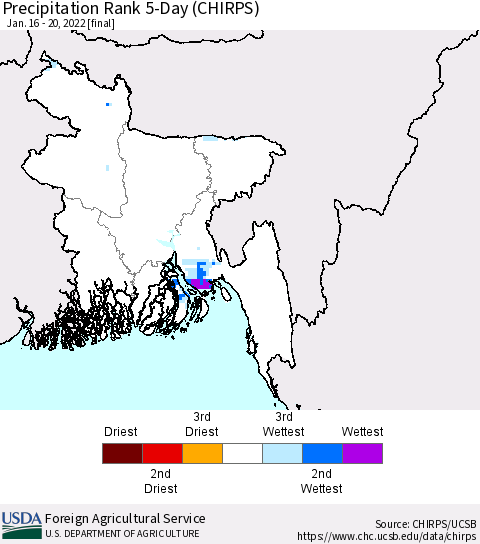 Bangladesh Precipitation Rank since 1981, 5-Day (CHIRPS) Thematic Map For 1/16/2022 - 1/20/2022