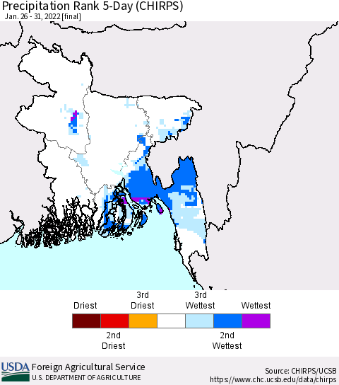 Bangladesh Precipitation Rank since 1981, 5-Day (CHIRPS) Thematic Map For 1/26/2022 - 1/31/2022