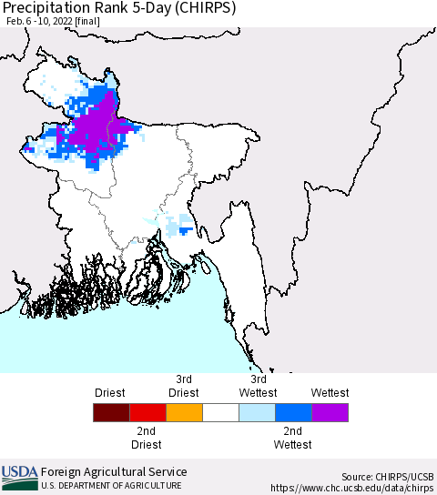 Bangladesh Precipitation Rank since 1981, 5-Day (CHIRPS) Thematic Map For 2/6/2022 - 2/10/2022