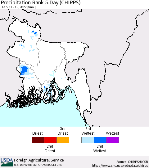 Bangladesh Precipitation Rank since 1981, 5-Day (CHIRPS) Thematic Map For 2/11/2022 - 2/15/2022