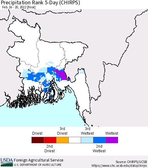 Bangladesh Precipitation Rank since 1981, 5-Day (CHIRPS) Thematic Map For 2/16/2022 - 2/20/2022